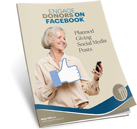 eBook with woman on cover with thumbs up to 75 facebook posts on planned and major gifts