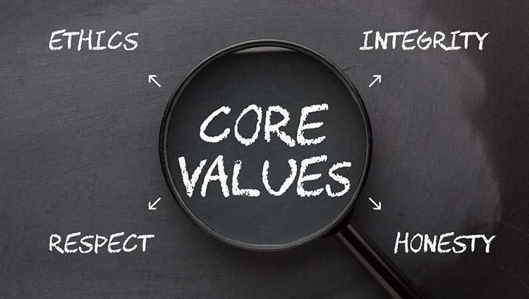 Core values diagram with magnifying glass and conceptual words on blackboard.