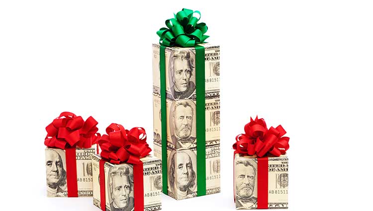 Dollars stacked in gift form representing major gifts