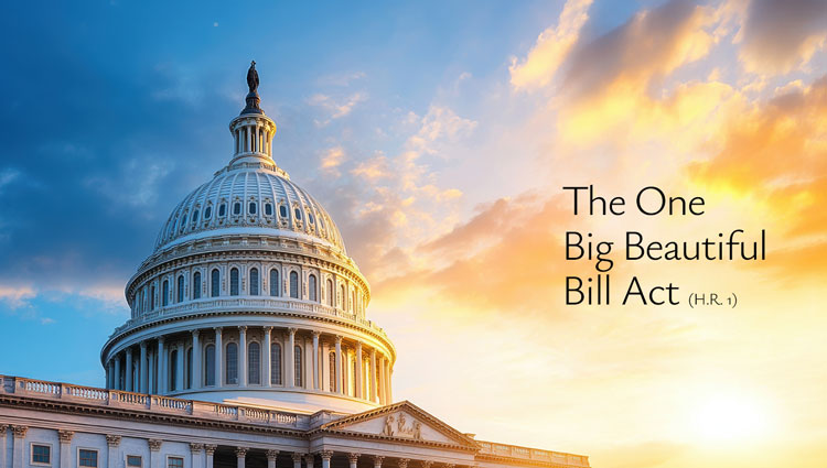 U.S. Capitol at sunrise with the title “The One Big Beautiful Bill Act (H.R. 1)” — landmark 2025 tax legislation affecting nonprofits, donors, and education policy.