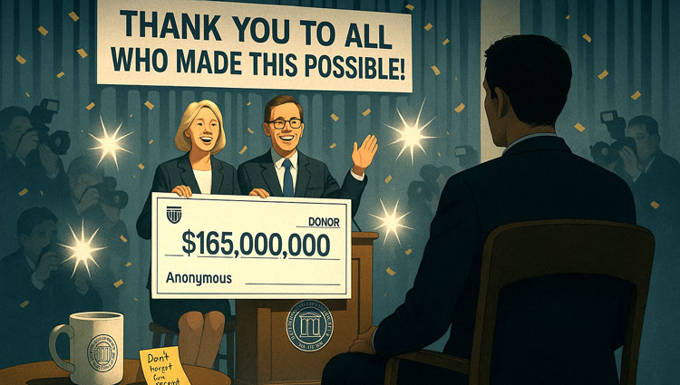 Illustration of two smiling nonprofit executives on stage holding a large $165 million donation check with camera flashes and confetti, while a fundraiser sits alone in the foreground with his back to the camera, with an institutional coffee mug and expense receipt note on a nearby table.