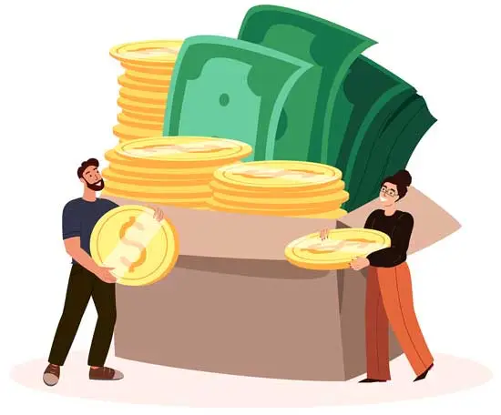 Two people illustrated holding gold coins as part of donation