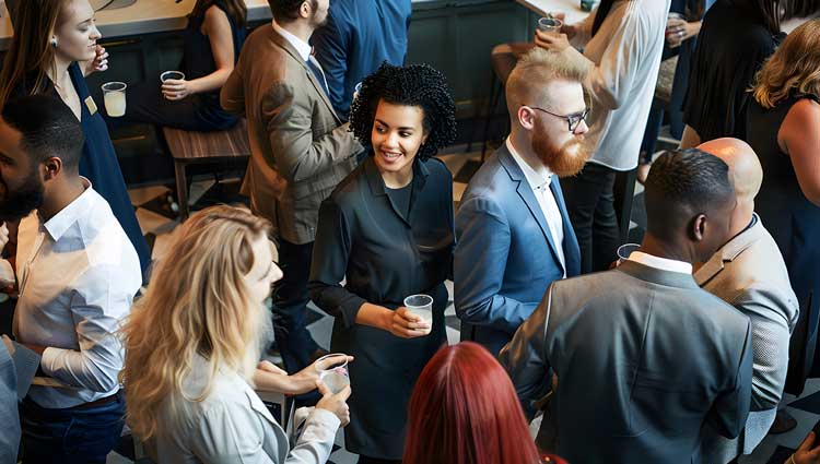 Major gift officers and nonprofit leaders networking and building donor relationships at a professional fundraising event